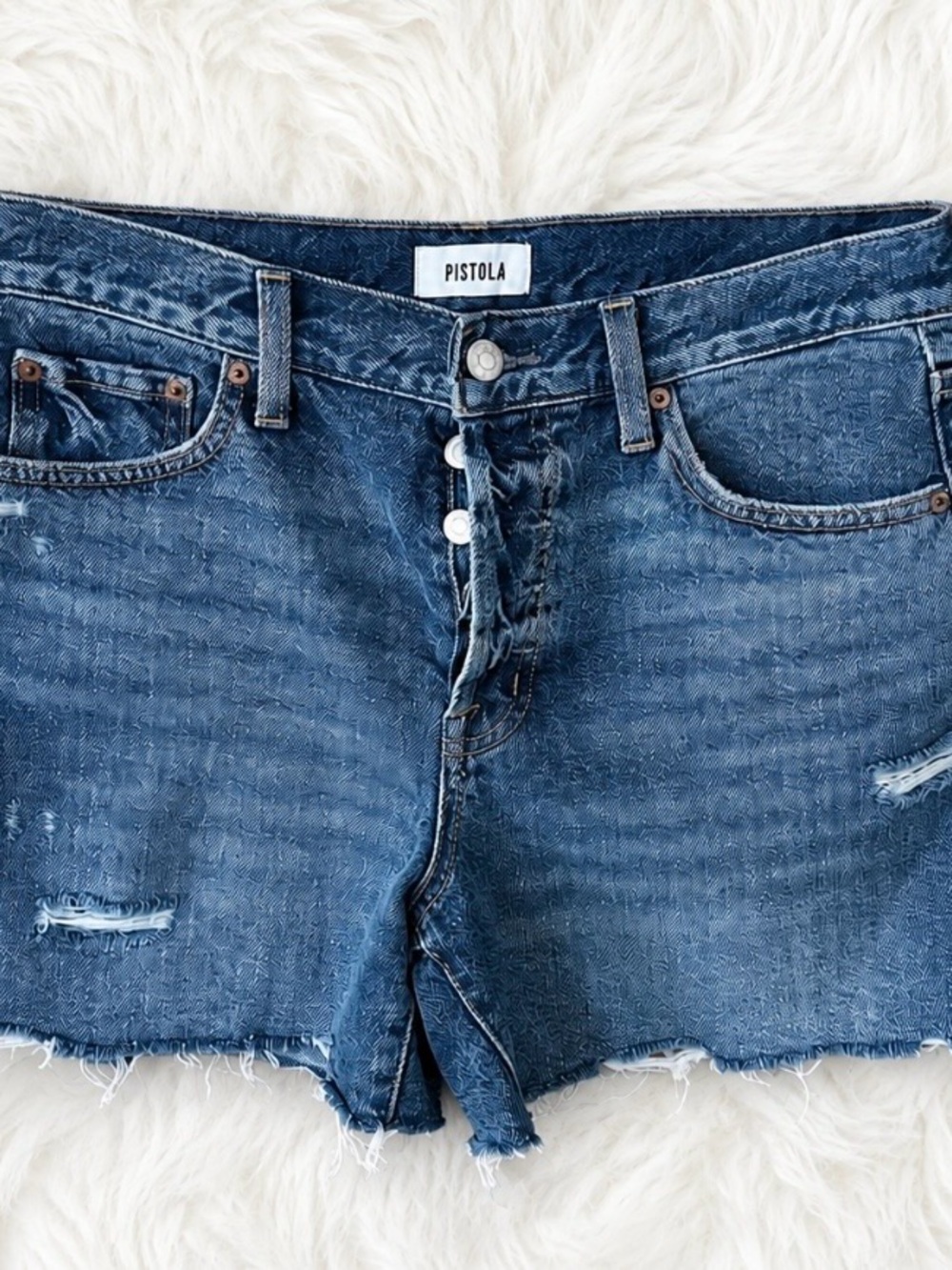 Pistola Raw Hem Distressed Blue Denim Shorts | Size 27